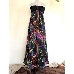 Y2k Velvet Rope Maxi Dress Small S Black Psychedelic Swirl Empire Waist Prom